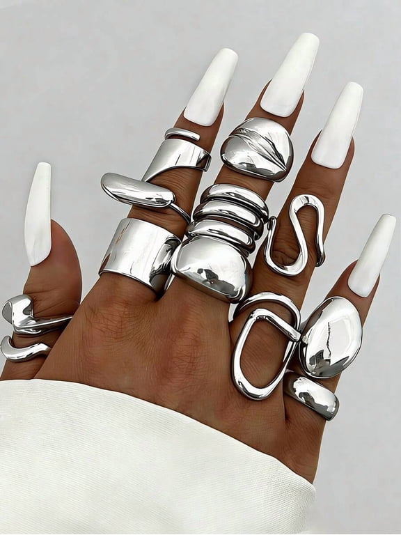12-Piece Silver Chunky Statement Ring Set For Women