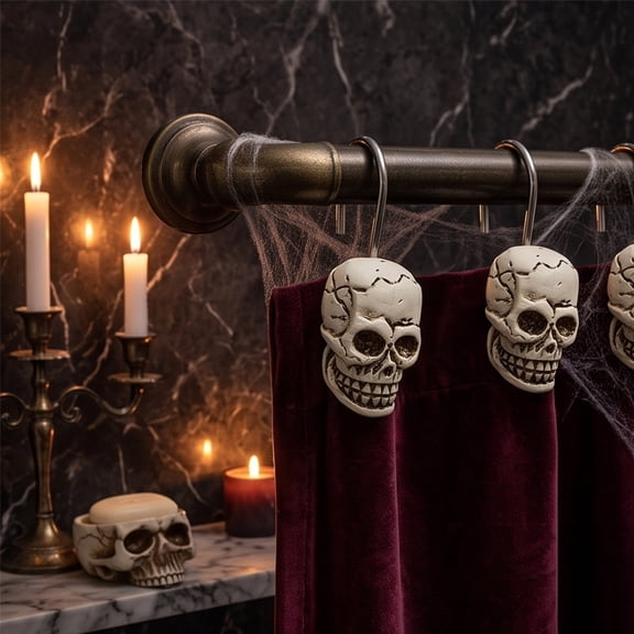12-Piece Skeleton Head Hook Set for Shower Curtain and Decor, Iron Hanging Hooks for Bathroom Curtains Wreaths Signs and Accessories, Skull-Themed Hangers for Home Party and Displays