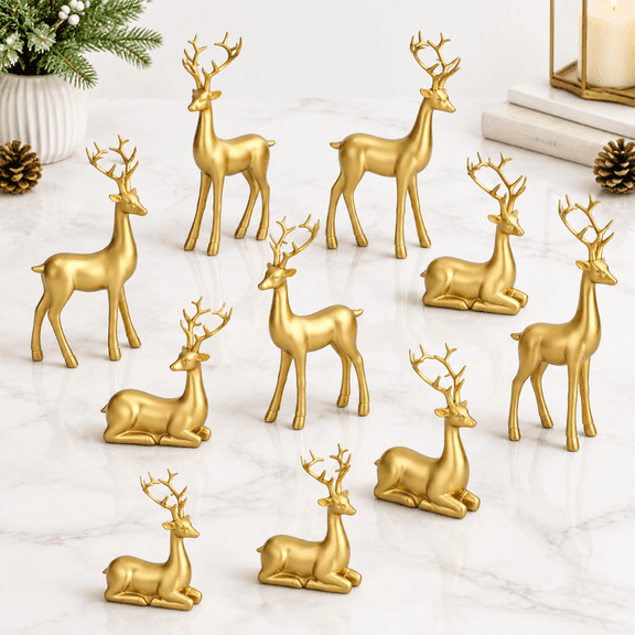 12-Piece Small Deer Figurine Bulk Set, Standing and Sitting Reindeer Sculpture Decor