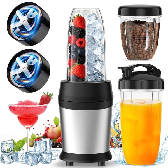 12-Piece Smoothie Blender Maker 25,000 RPM Personal Blender for Ice Crushing Smoothies & Frozen Drinks Nuts with 23oz, 32oz, 37oz Portable Cups Two 6-Leaf Stainless Steel Blades, Silver