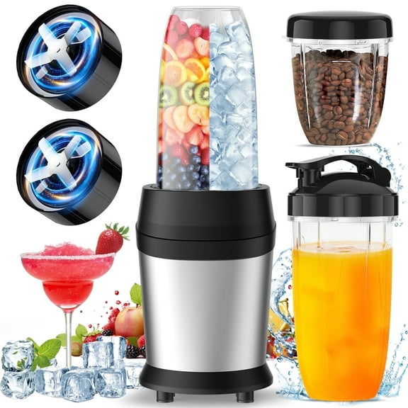 12-Piece Smoothie Blender Maker 25,000 RPM Personal Blender for Ice Crushing Smoothies & Frozen Drinks Nuts with 23oz, 32oz, 37oz Portable Cups Two 6-Leaf Stainless Steel Blades, Silver