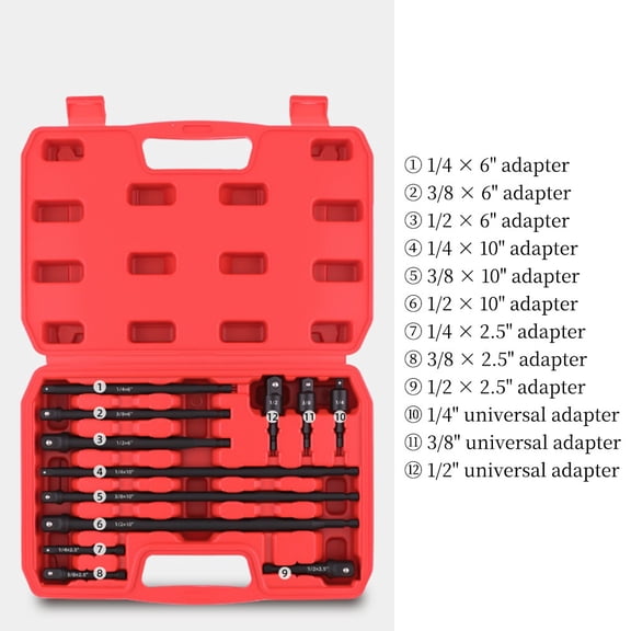 12-Piece Socket Adapter Set With 1/4 Hex Shank, 3 Extension Bars (1/4, 3/8, 1/2 Drive) And 3 Joint Sockets For Electric Drill, Screwdriver And Hand Tools