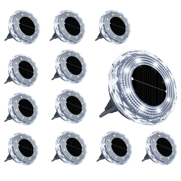 12-Piece Solar Ground Lights, 8 LED Waterproof Outdoor Lights for Paths, Lawns & Gardens
