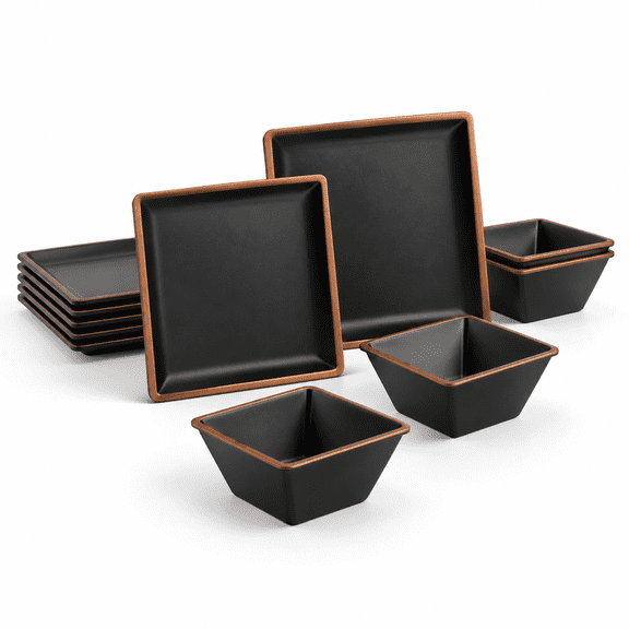12-Piece Square Dinnerware Set For 4 With Metallic Bronzed Edges