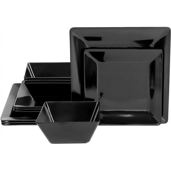 12-Piece Square Dinnerware Set, Melamine Dishes Set with Bowls and Plates, Non-breakable Lightweight Dinner Service for 4
