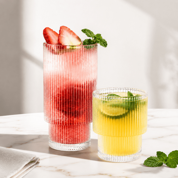 12-Piece Stackable Ribbed Fluted Glass Cup Set, 7 Oz & 12 Oz Sizes