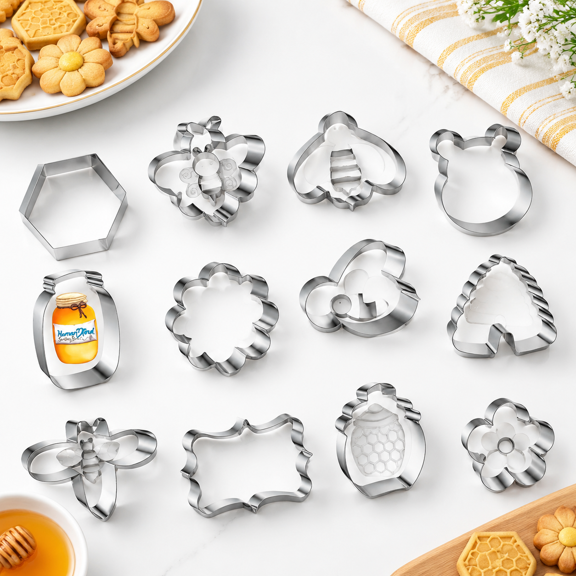 12 Piece Stainless Steel Bee Themed Cookie Set, 3 Inch Shapes