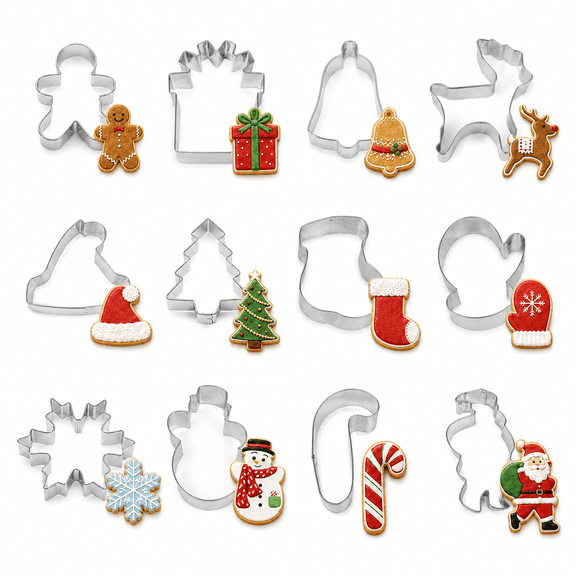 12-Piece Stainless Steel Christmas Cookie Cutter Set, Gingerbread Man, Christmas Tree, Snowflake, Reindeer and Assorted Holiday Shapes