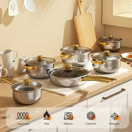 12-Piece Stainless Steel Cookware Set with Glass Lids | Full Clad Nonstick Pots & Pans Set | All Stovetops Compatible Including Induction | Dishwasher Safe & Stay-Cool Handles