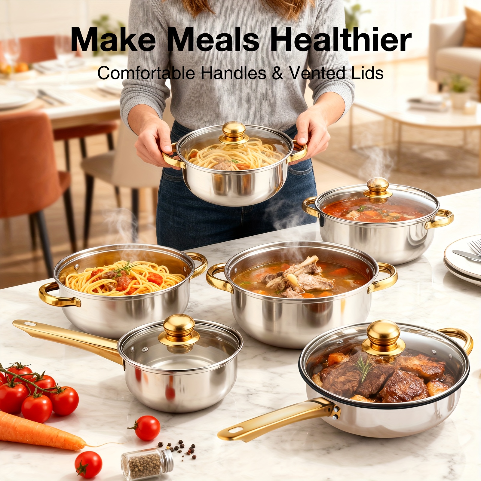 12-Piece 5-Ply Stainless Steel Cookware Set - Non Stick Pots & Pans, Induction Compatible, Stay-Cool Handles, Beige