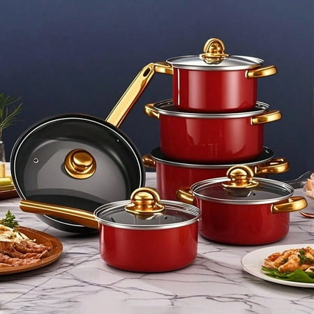 12-Piece Stainless Steel Cookware Set - Non-Stick Frying Pans, Durable & Easy To Clean, Soup & Sauce Pots With Lids - Multipurpose Kitchen Essentials For Home & Restaurant Use
