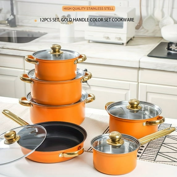 12-Piece Stainless Steel Cookware Set - Nonstick Pots & Pans with Glass Lids, Induction Compatible, Golden Handles, Dishwasher Safe, Durable Kitchenware for Gas/Electric Stoves