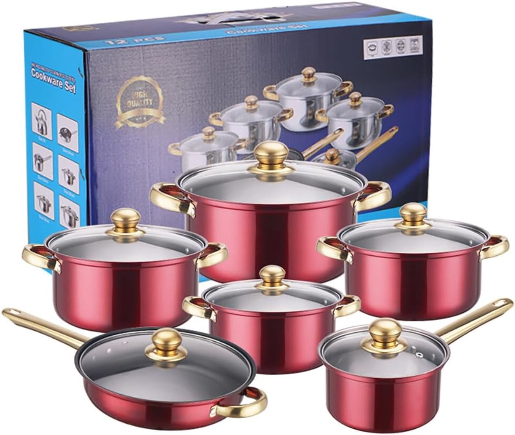 12-Piece Stainless Steel Cookware Set, Nonstick Pots and Pans Kitchen Set with Lids, Durable Induction Compatible, for Home, Restaurant, Gas & Electric Stoves – Red
