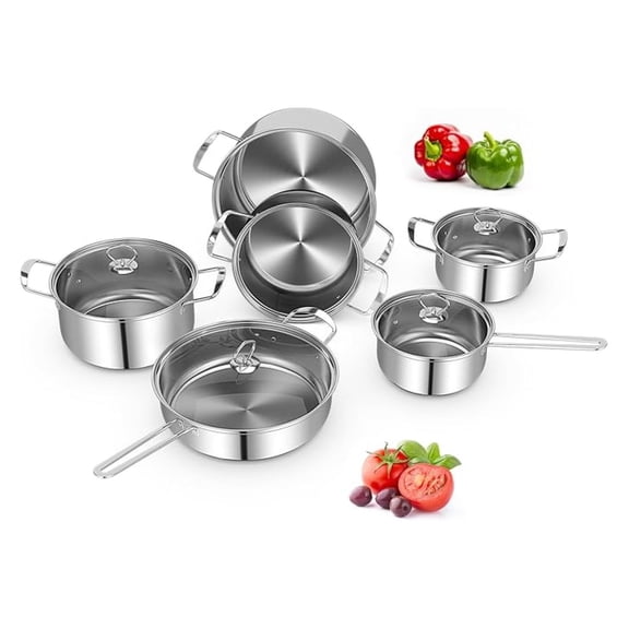 12 Piece Stainless Steel Cookware Set, Pots and Pans Set with Stock Pot, Frying Pans, Saucepan, 6 Glass Lids, Induction Compatible, Kitchen Cookware Sets for Home, Silver (12 Piece)