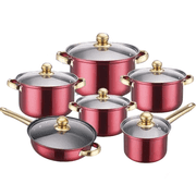 12 Piece Stainless Steel Cookware Set, Pots & Pans with Gold Handles, Nonstick Fryin, Red