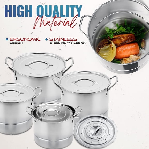 12-Piece Stainless Steel Stock Pot and Steamer Set  Large Cooking Pots with Lids For Soup, Boiling, Canning, Steaming, Tamales 6.5/9.5/12/16 Quart