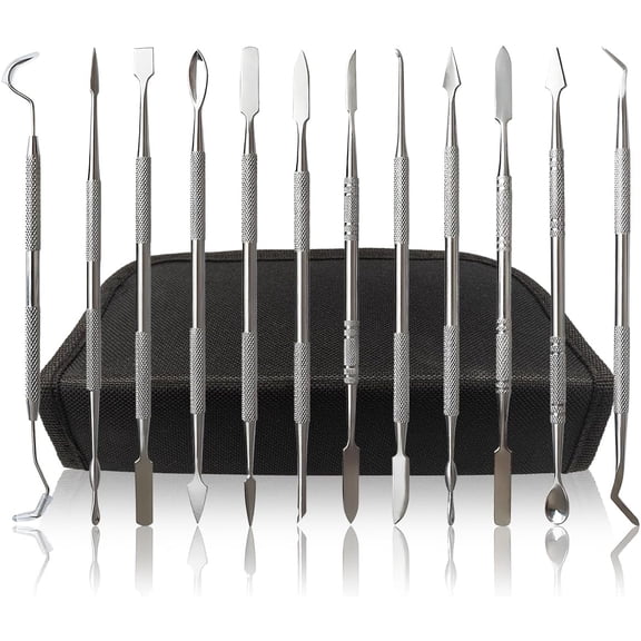 12-Piece Stainless Steel Wax Carving Tools Set | Dual-Ended Dental Instruments for Jewelry Making, Resin Sculpting, Clay Modeling & Detailing | with Black Storage Case