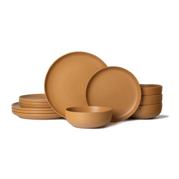 12-Piece Stoneware Dinner Plates Bowls Sets Chip-resistant Microwave Dishwasher Safe Stackable Matte Glaze Kitchenware For 4 Family Meals Dining Plates Bowls Set(Orange)