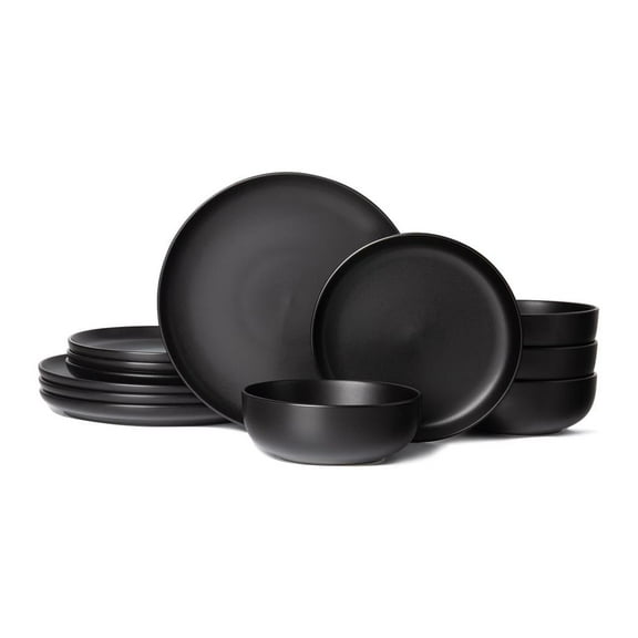 12-Piece Stoneware Dinner Plates Bowls Sets Chip-resistant Microwave Dishwasher Safe Stackable Matte Glaze Kitchenware For 4 Family Meals Dining Plates Bowls Set(Black)