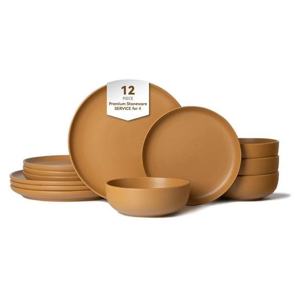 12-Piece Stoneware Dinner Plates Bowls Sets | Microwave & Dishwasher Safe | Non-Toxic Dinner Plates Bowls Set | Stackable Matte Glaze Kitchenware for 4 Orange