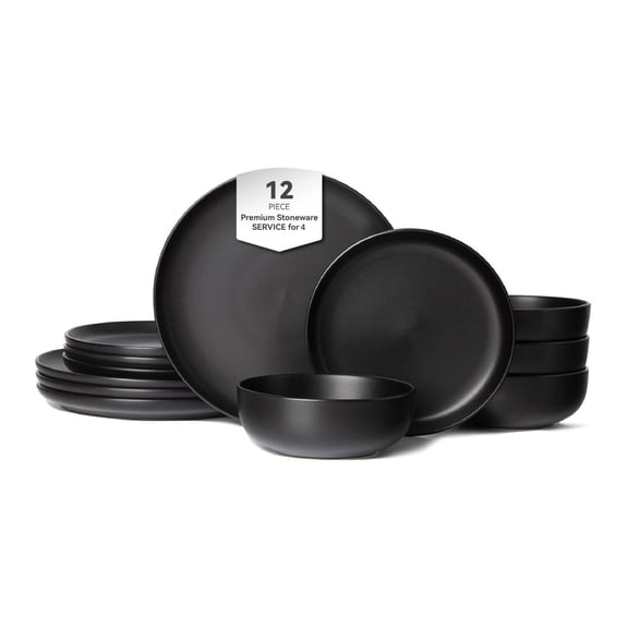 12-Piece Stoneware Dinner Plates Bowls Sets | Microwave & Dishwasher Safe | Non-Toxic Dinner Plates Bowls Set | Stackable Matte Glaze Kitchenware for 4