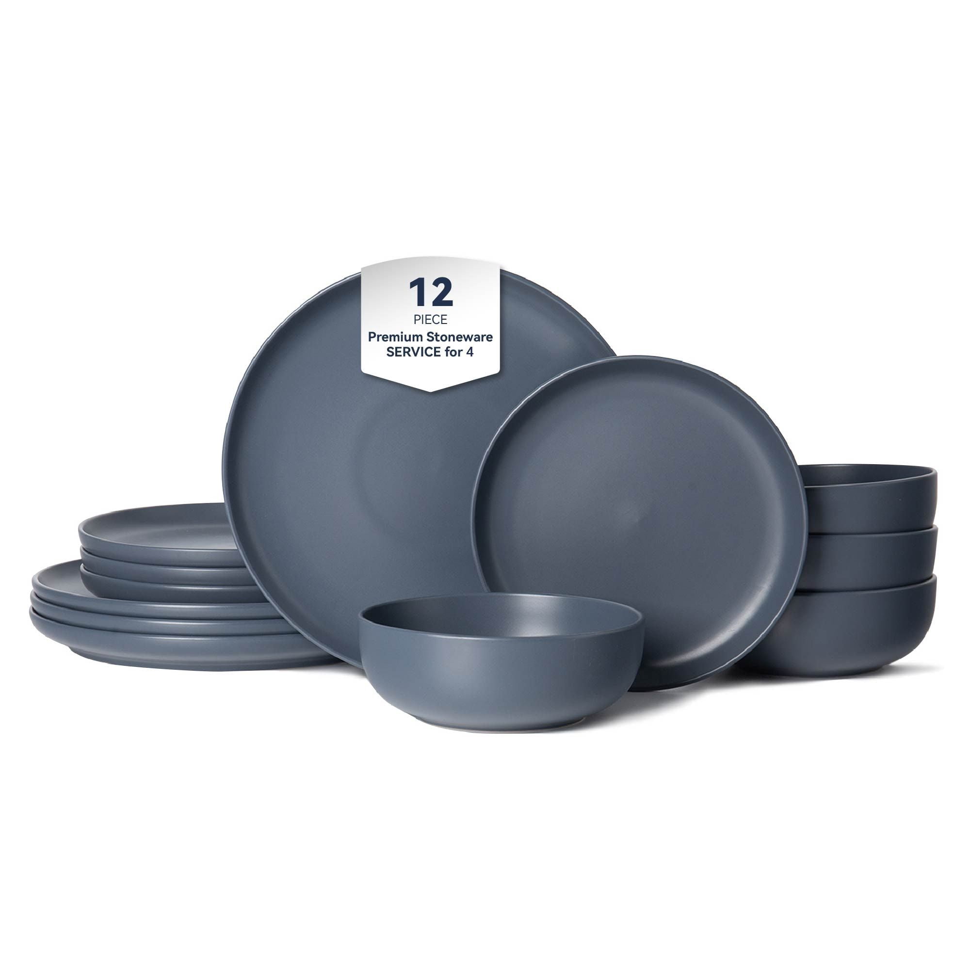 12-Piece Stoneware Dinner Plates Bowls Sets, Microwave & Dishwasher Safe, Non-Toxic Dinner Plates Bowls Set, Stackable Matte Glaze Kitchenware for 4