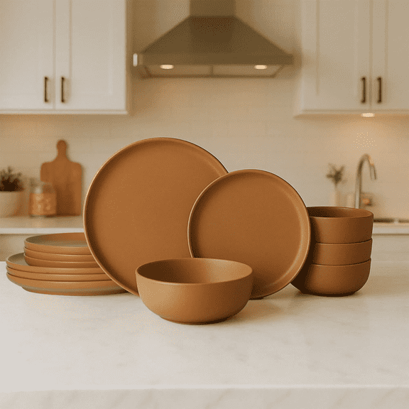 12-Piece Stoneware Dinnerware Set for 4, Microwave & Dishwasher Safe, Non-Toxic Stackable Matte Glaze Plates and Bowls, Chip-Resistant Kitchen Dinner Set