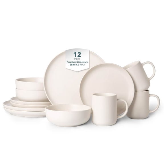 12-Piece Stoneware Dinnerware Set with Mugs, Microwave & Dishwasher Safe, Non-Toxic Dinner Plates and Bowls, Stackable Matte Glaze Kitchenware for 3 People Home Use