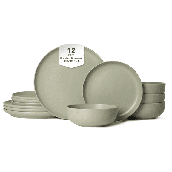 12-Piece Stoneware Dinnerware Set Service for 4, Dinner Plates, Salad Plates & Cereal Bowls, Microwave & Dishwasher Safe, Non-Toxic, Stackable Matte Glaze Kitchenware
