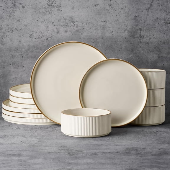12-Piece Stoneware Dinnerware Set Service for 4 Cream Ceramic Plates and Bowls Microwave Dishwasher Safe Chip Scratch Resistant