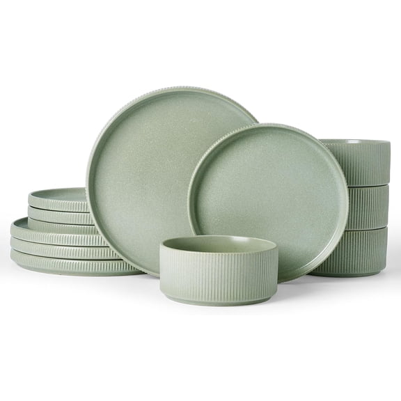 12-Piece Stoneware Dinnerware Set Service for 4 Reactive Glaze Plates and Bowls Microwave Dishwasher Safe Chip Scratch Resistant Matte Sage Green