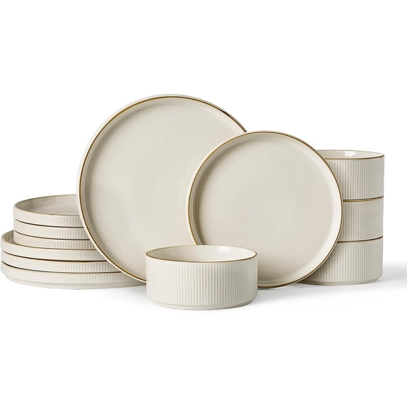 12-Piece Stoneware Dinnerware Set Service for 4 White Ceramic Plates and Bowls Modern Rustic Chip Scratch Resistant Microwave Dishwasher Safe
