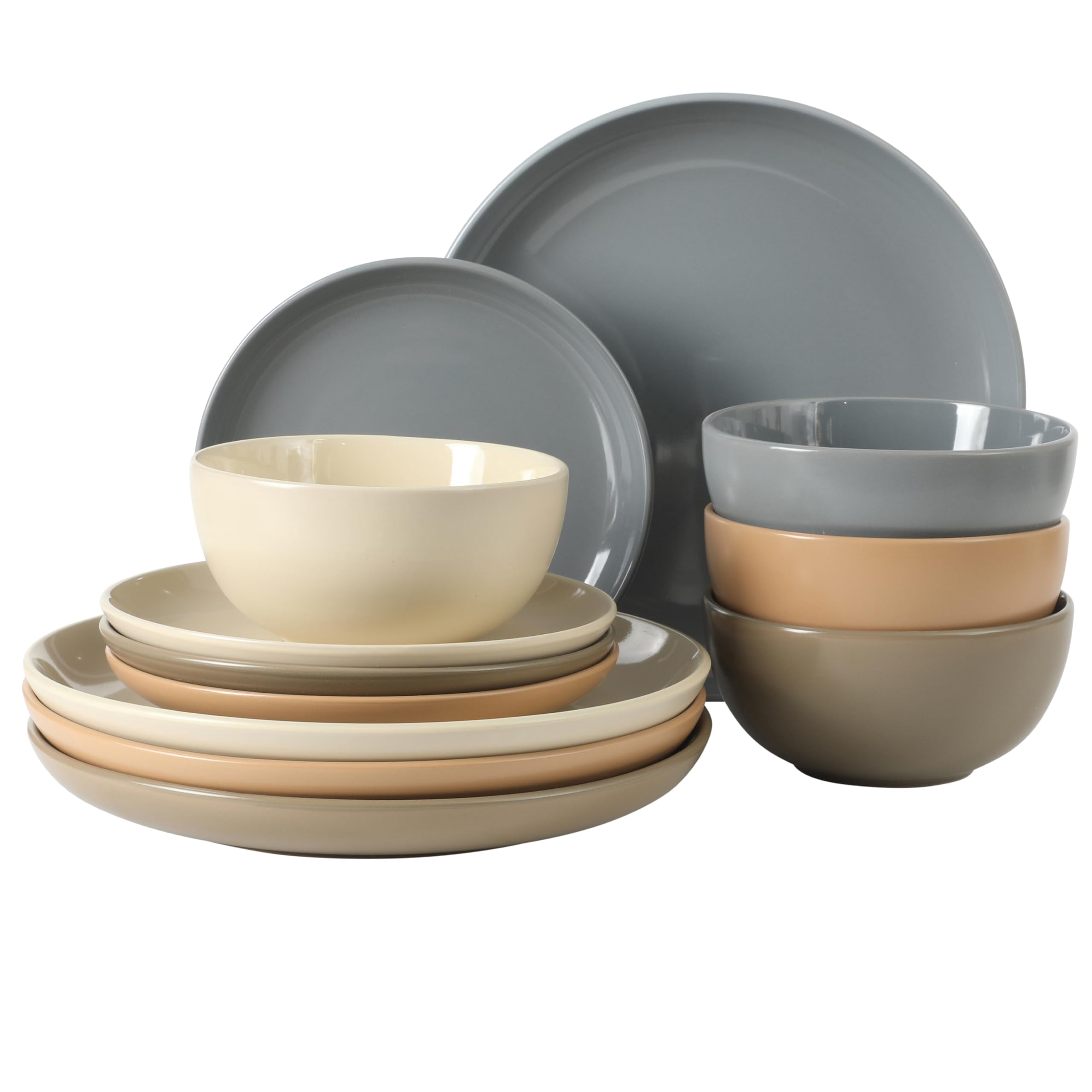 12-Piece Stoneware Dinnerware Set for 4, Cream Round Plates and Bowls, Modern Matte Finish, Microwave and Dishwasher Safe