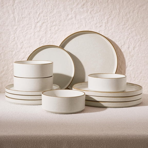 12-Piece Stoneware Dinnerware Set for 4 Dinner Plates Salad Plates Cereal Bowls Reactive Glaze Matte Beige White with Brown Rim