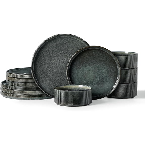 12-Piece Stoneware Dinnerware Set for 4 Reactive Glaze Plates and Bowls Microwave and Dishwasher Safe Deep Forest