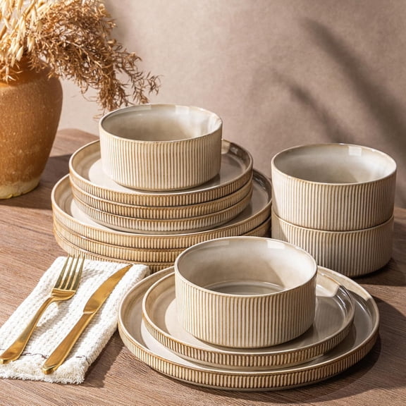 12-Piece Stoneware Dinnerware Set for 4 Ribbed Plates and Bowls Microwave and Dishwasher Safe Scratch Resistant Reactive Glaze Cappuccino