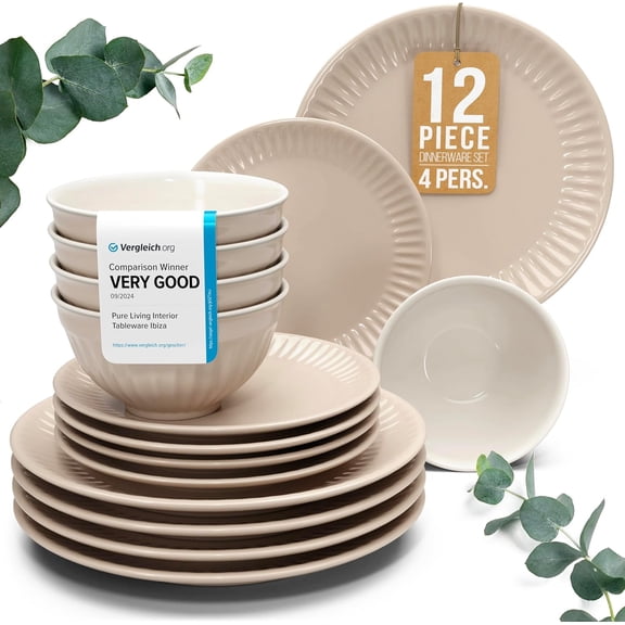12-Piece Stoneware Dinnerware Set for 4 Ribbed Round Tableware in Light Brown