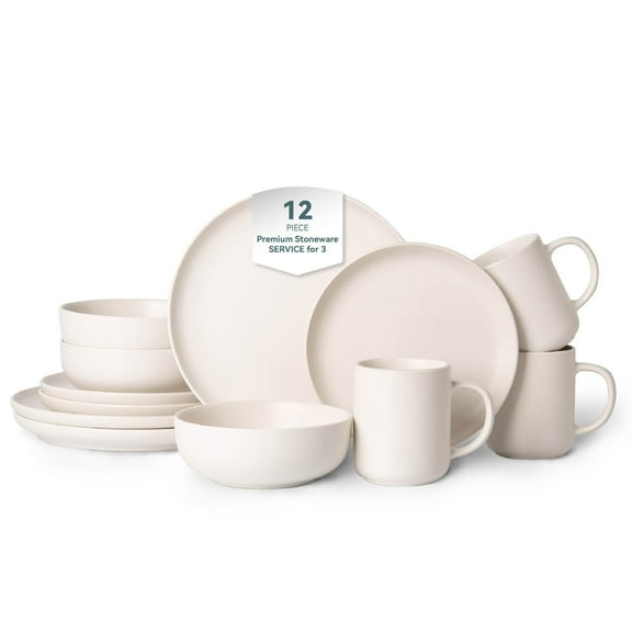 12-Piece Stoneware Dinnerware Set with Mugs - Microwave & Dishwasher Safe, Non-Toxic - Matte Glaze Kitchenware for 4 People