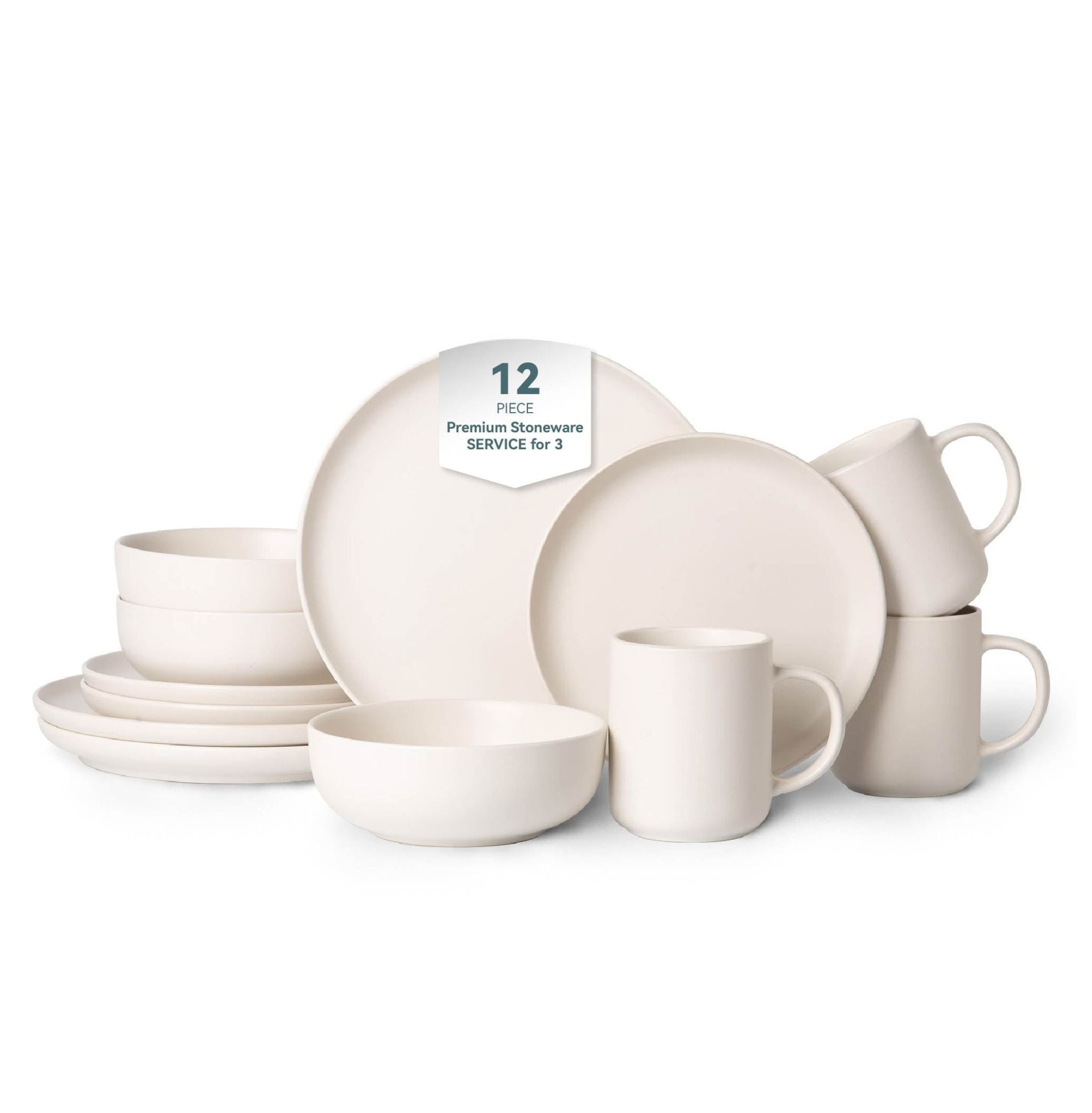 12-Piece Stoneware Dinnerware Set with Mugs - Microwave & Dishwasher Safe - Non-Toxic Plates & Bowls - Stackable Kitchenware for 4