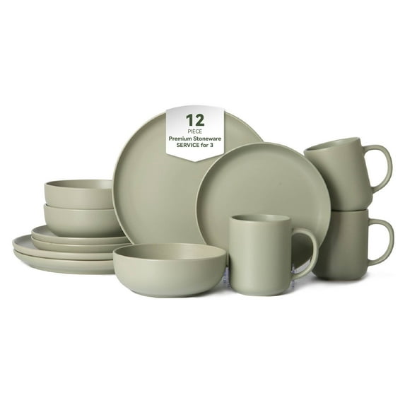 Stoneware Dinnerware Sets 12-Piece, Microwave Safe, Dishwasher Safe, Non-Toxic Plates & Bowls Set for 3, Stackable Matte Glaze Kitchenware