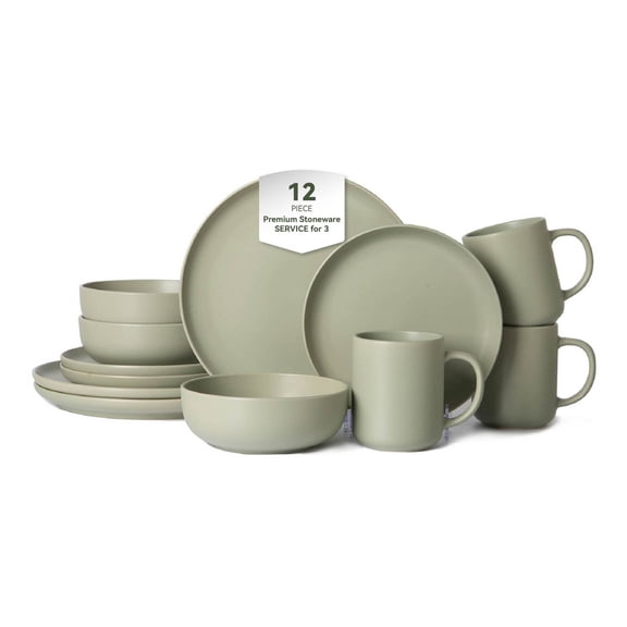 12-Piece Stoneware Dinnerware Sets with Mugs | Microwave & Dishwasher Safe | Non-Toxic Dinner Plates Bowls Set | Stackable Matte Glaze Kitchenware for 3