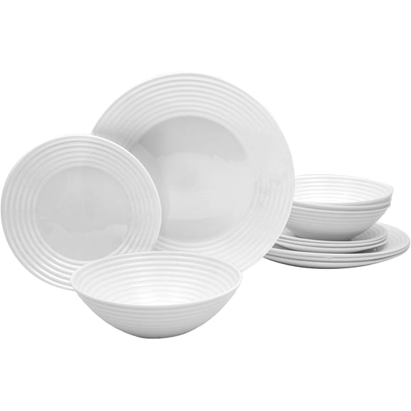 12 Piece Tempered Opal Glass Dinnerware Set, Chip Resistant White Glass Dishes, Dishwasher Microwave Freezer Safe, Service for 4