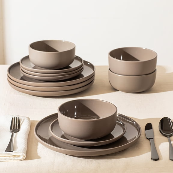 12-Piece Two-Tone Brown Reactive Glaze Stoneware Dinner Set for 4 People, Scratch Resistant Straight-Shape Dishware for Christmas, Salad & Dessert