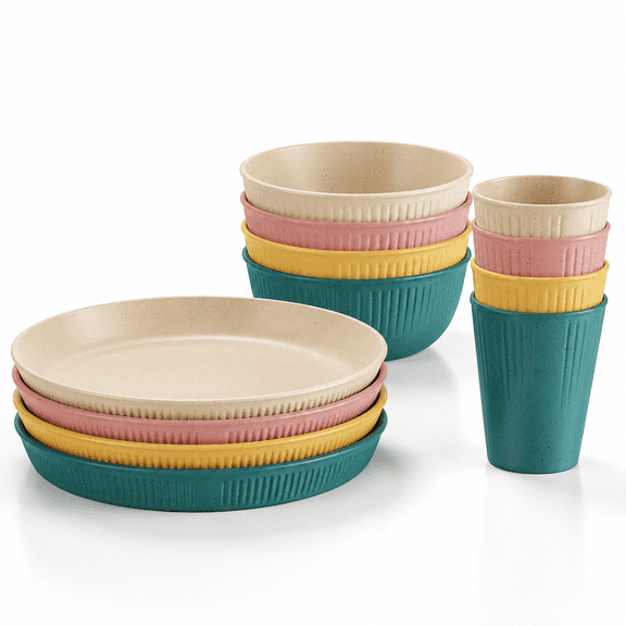 12-Piece Unbreakable Plastic Dinnerware Set for 4, Mint Blue Yellow Pink White