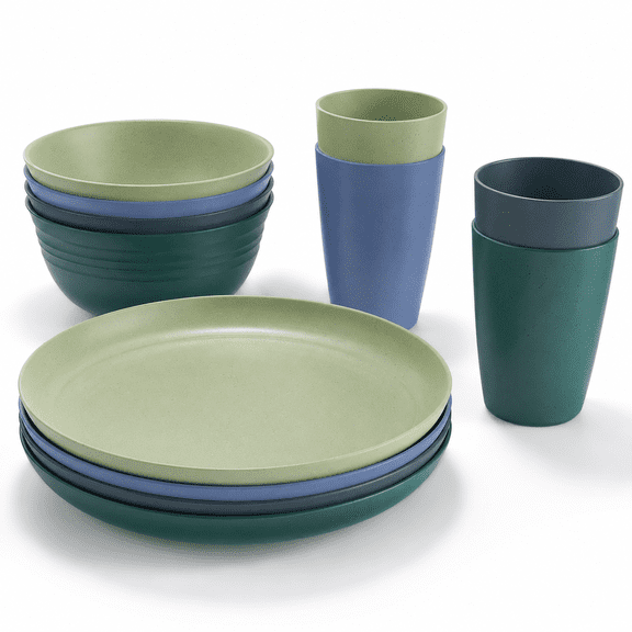 12-Piece Unbreakable Plastic Tableware Set For 4, Navy Blue Sky Blue Mint Green Teal