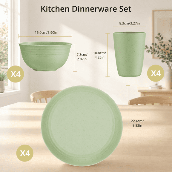 12-Piece Unbreakable Plastic Tableware Set for 4, Navy Blue Sky Blue Mint Green Teal