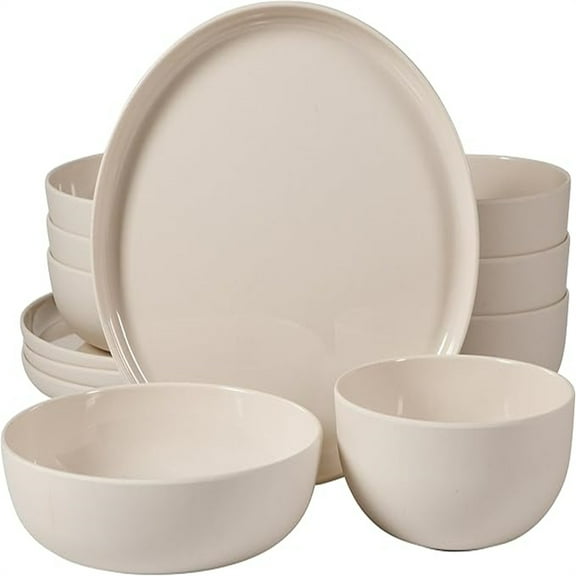 12 Piece Unbreakable Wheat Straw Melamine Plates and Bowls Dinnerware Set - Outdoor, Camping, & Everyday Use - Matte Exterior/Shiny Interior Taupe Cream
