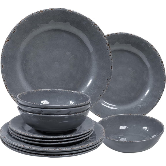 12-Piece Vintage Melamine Dinnerware Set with 4 Dinner Plates 4 Salad Plates and 4 Bowls Cool Gray