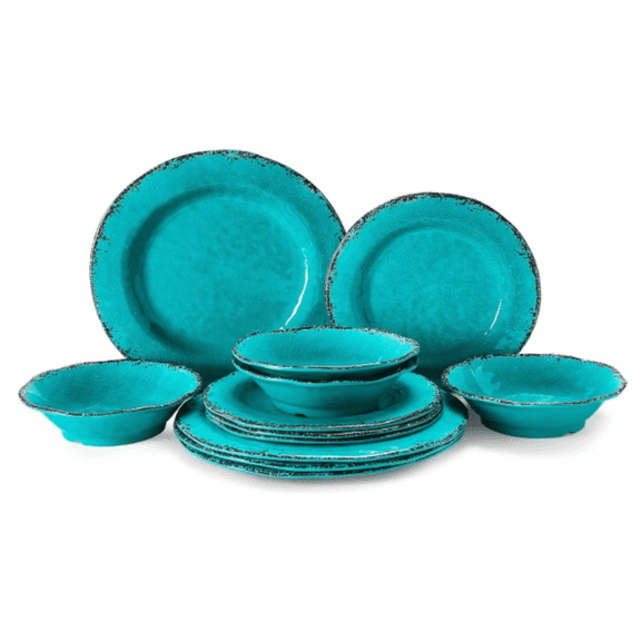 12 Piece Vintage Melamine Dinnerware Sets Include 4 Dinner Plates, 4 Salad Plates and 4 Bowls Service for 4, Unbreakable Farmhouse Dishes and Bowls Suitable for Indoor and Outdoor Use Teal