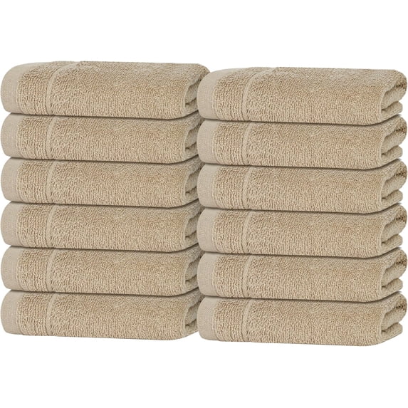 12 Piece Washcloth Set, 12x12 Inches, Beige | 100% Cotton Face Towels ...